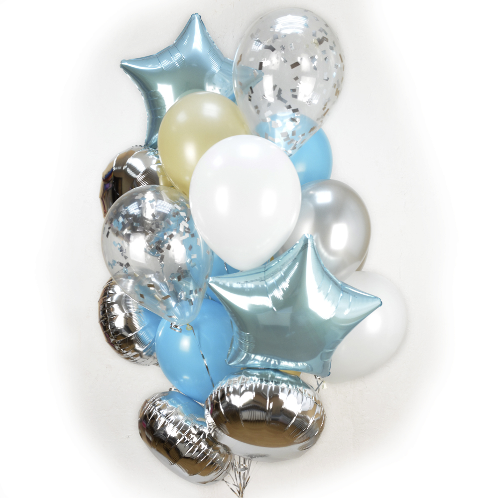 Каскад из латексных шаров с фольгированными звездами и кругами, наполненный гелием